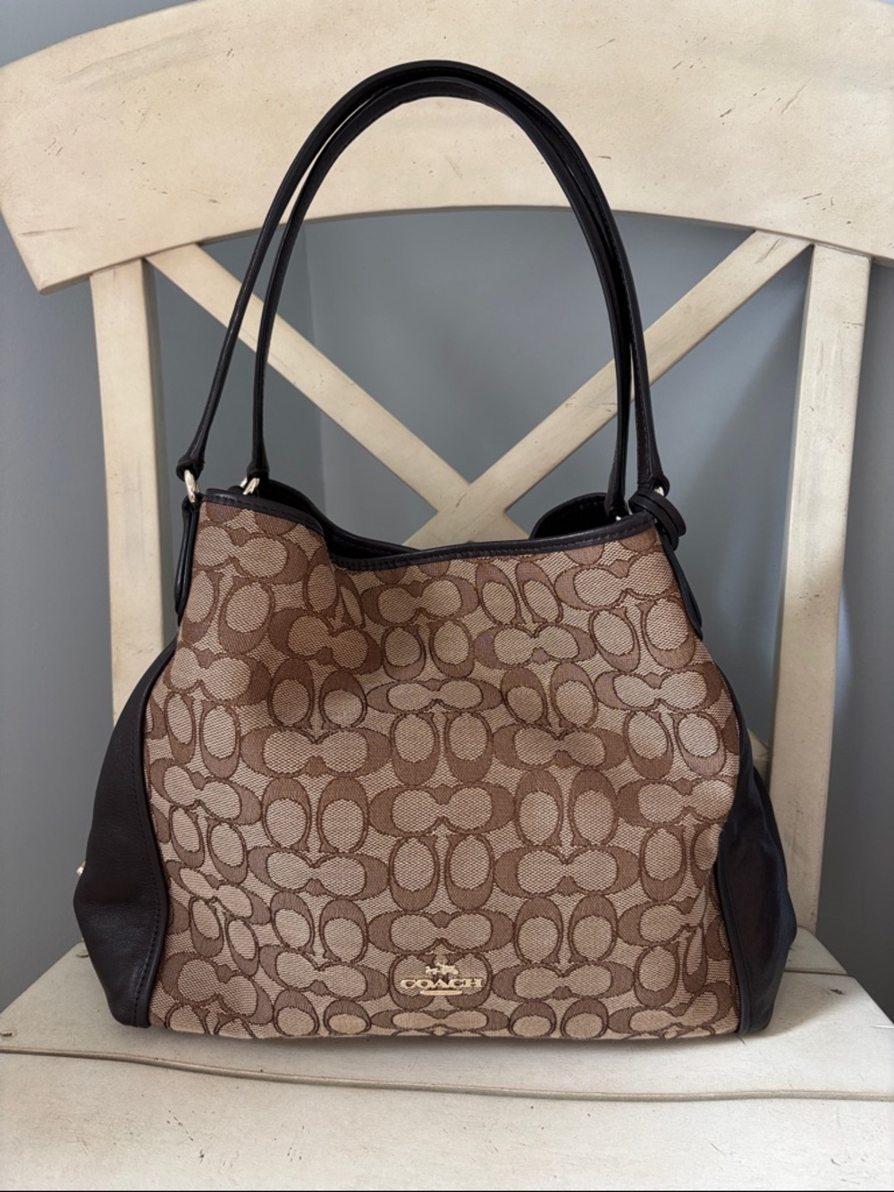 Coach Edie 31 Brown Signature Canvas Shoulder Bag with Dark Trim